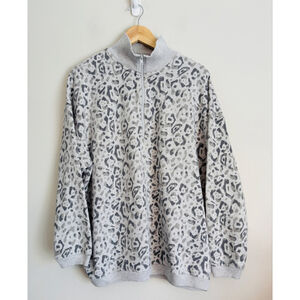 Aerie Grey Leopard Print Quarter-Zip Sweatshirt Medium Comfort Casual Lounge